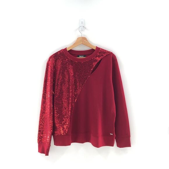 ‎DKNY Sequin-Embellished Keyhole Swe Holiday Red Small - Picture 1 of 11